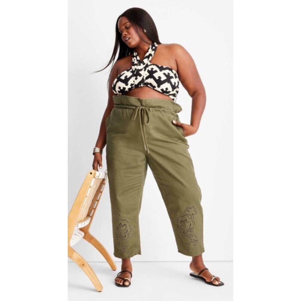 Future Collective w/ Jenny K Lopez Pants Cropped Drawstring Ankle Army Green 16